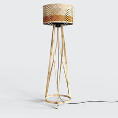 Mushroom Floor Lamp with the woven basket shade material and wooden stand
