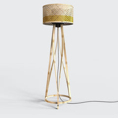 Tall Mushroom Floor Lamp with the yellow woven basket shade material and wooden stand
