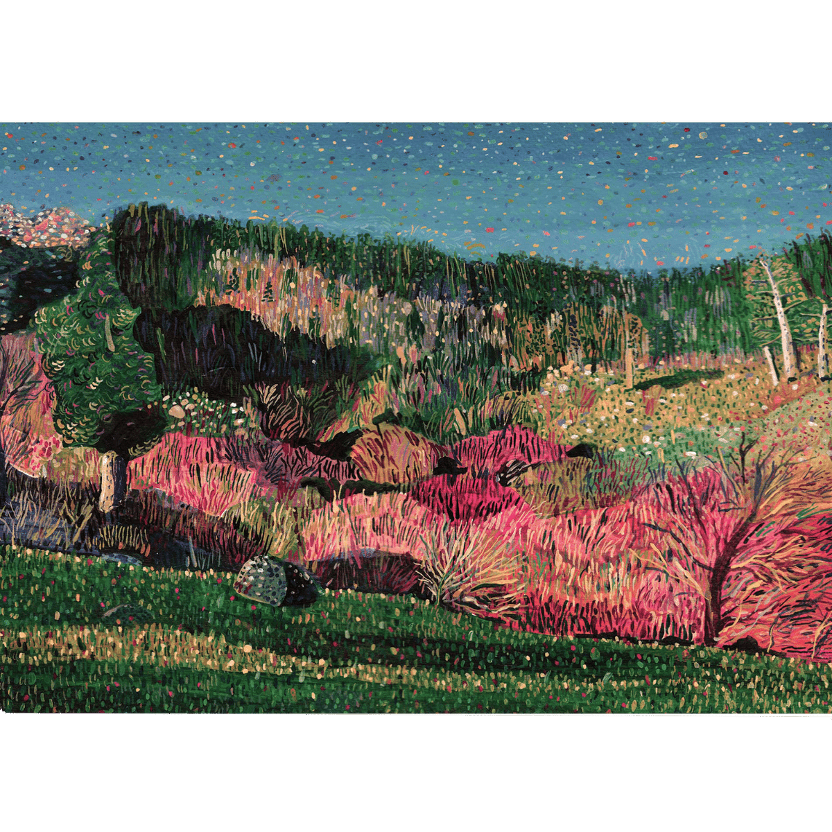 A colorful acrylic painting of a natural landscape with lush trees , grass and hills.
