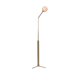 A floor lamp with a brass base and white spherical shade glass globe