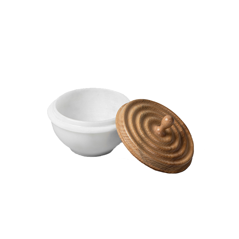 Ripple Container, a handcrafted storage container with a white marble base and a natural wood lid, displaying intricate veining in the marble.