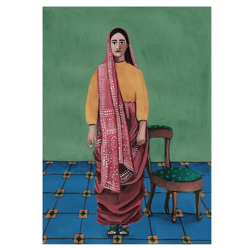A art print of a person wearing a traditional outfit, standing next to a chair on a patterned floor, with a solid green background.