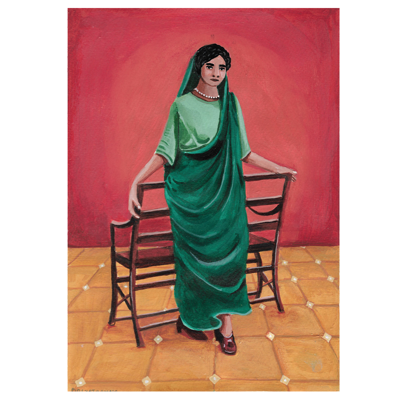A acrylic art print of a woman in a green sari standing next to a chair, with a red wall and tiled floor in the background.
