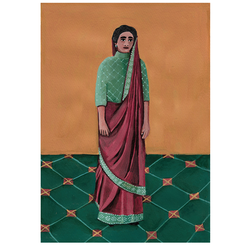 A fine art Giclee print of an acrylic painting featuring a woman in a traditional attire standing against a yellow and green patterned background.