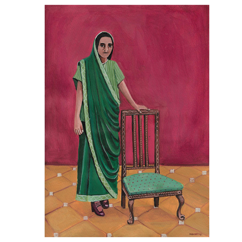 A framed artwork depicting a person in a green saree standing next to a chair against a pink background, on a floor with decorative tiles.