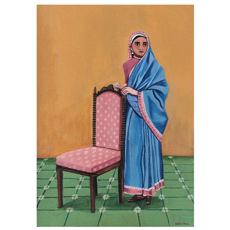A fine art print featuring an acrylic painting of a woman in traditional attire next to a chair with pink floral pattern.