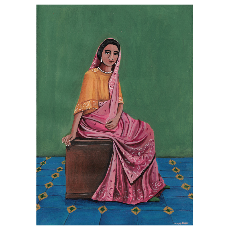 A painting of a woman sitting on a box, dressed in a traditional outfit with a pink and yellow color scheme, against a green background.