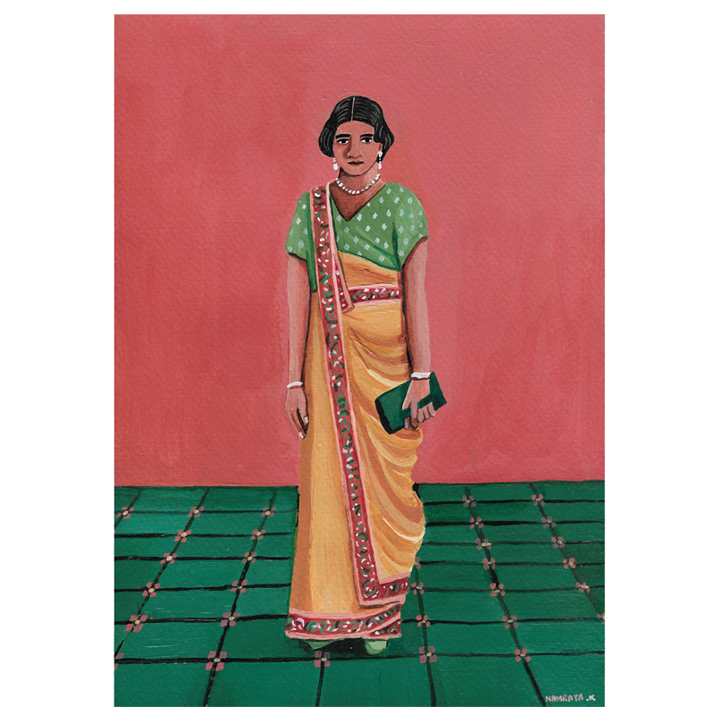Fine art print by Namrata Kumar showing a women standing in a saree and a wallet in hand