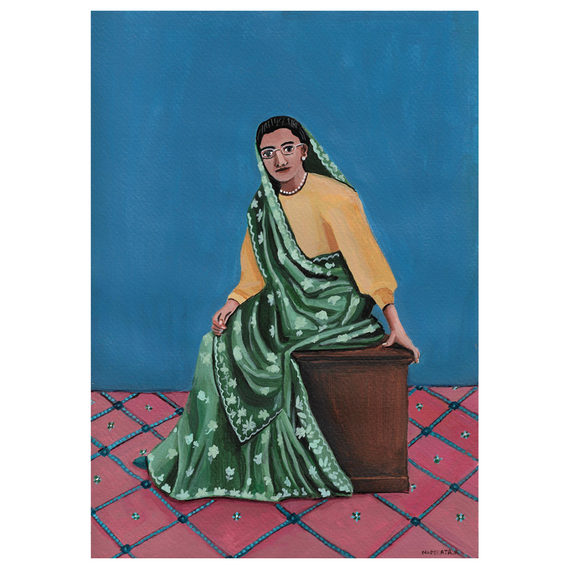 A art print of a seated woman wearing a green sari with a yellow blouse, against a blue background with a patterned red and blue floor.
