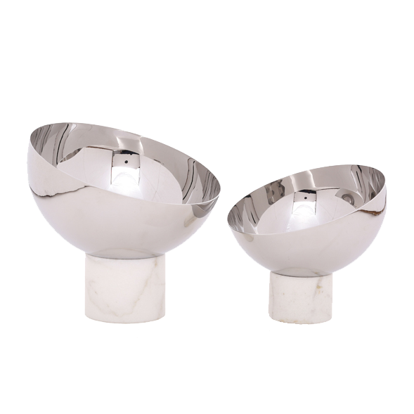 Two stainless steel Para Bowls with marble bases on a white background