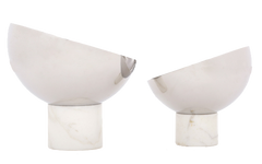 Two half-moon stainless steel Para Bowls with marble bases
