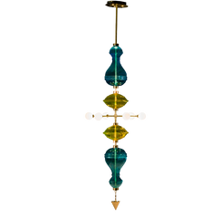 A Shikhara 9' chandelier with blue and yellow glass pieces and brass/copper details, suspended vertically with LED lighting.