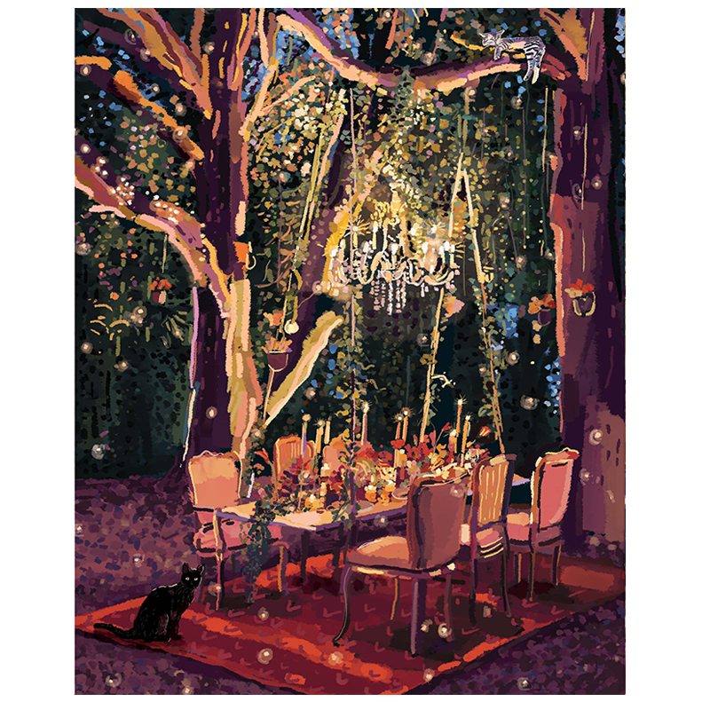 An artistic art piece depiction of a dinner scene at dusk with a table set under a chandelier, surrounded by trees and decorative lights.