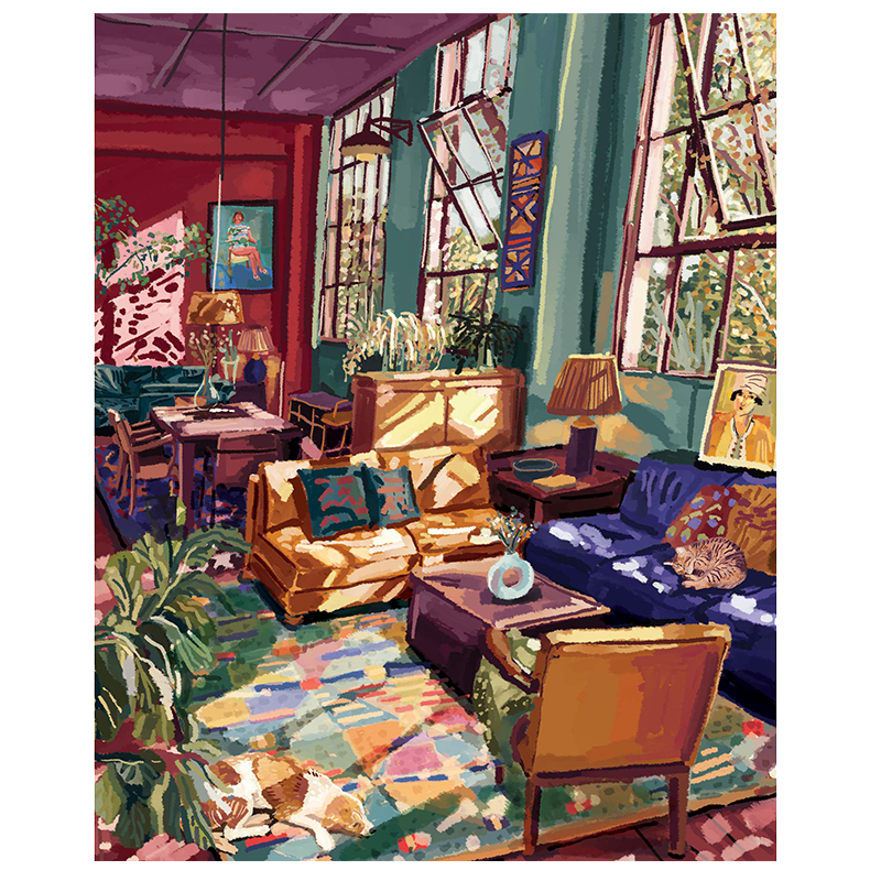 A vibrant, colorful art print illustration of a living room scene with various pieces of furniture, plants, and a cat.