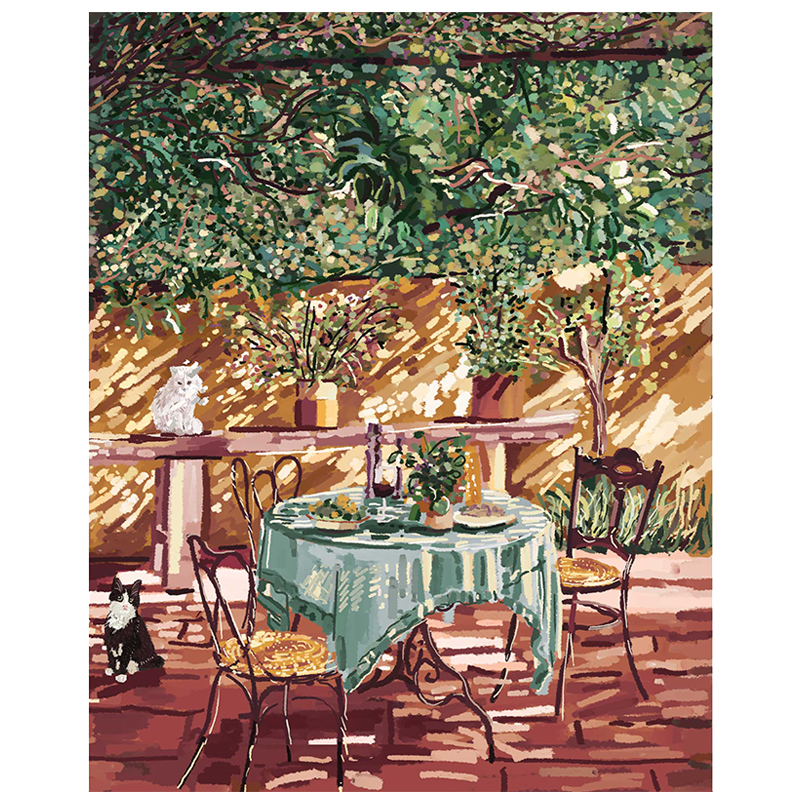 A Giclee fine art print of an acrylic painting depicting an outdoor dining setting with a green tablecloth, chairs, and two cats nearby.