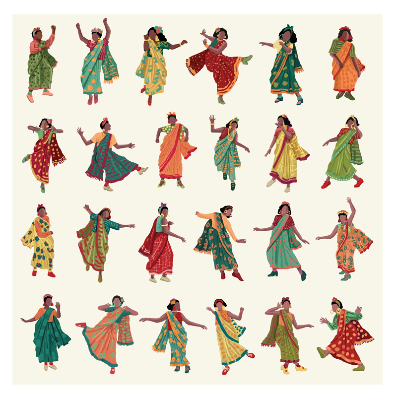 Indian art collection of colorful illustrations of women in traditional attire dancing in various poses.