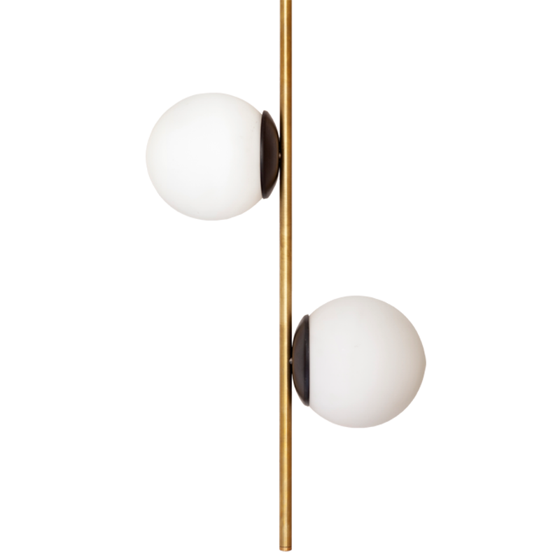 A brass gold pendant light with two white shades, designed to be hung over a bedside table or washroom mirror.