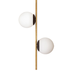 A brass gold pendant light with two white shades, designed to be hung over a bedside table or washroom mirror.