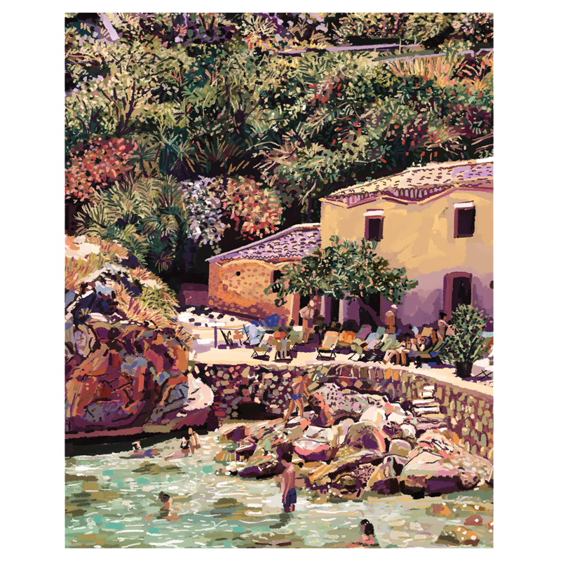 Summer Solstice Art Print captures a house with people seating in the sun and enjoying swimming in water