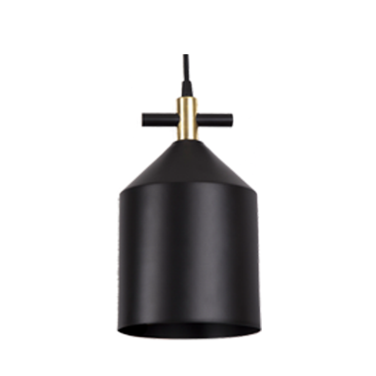 A black and gold pendant lamp with a conical shade and a brass accent, against a white background.