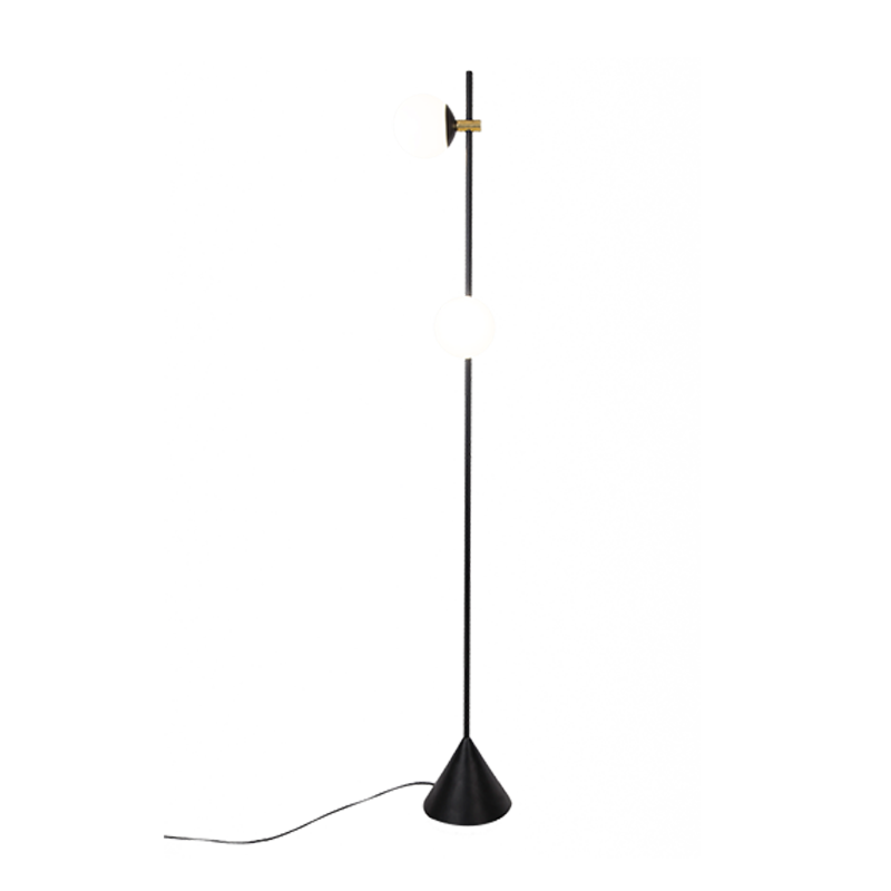 A Esferra floor lamp by Hatsu with a white opal glass bulb isor, a black pole, and a round base.