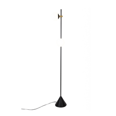 A Esferra floor lamp by Hatsu with a white opal glass bulb isor, a black pole, and a round base.