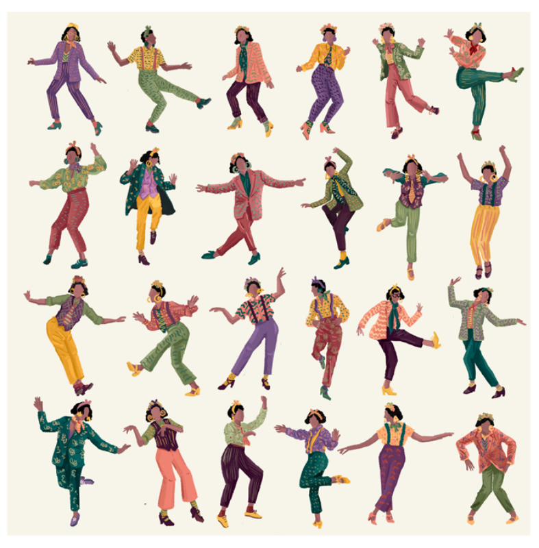 A collection of colorful acrylic art print of various people in dynamic dancing poses against a white background.