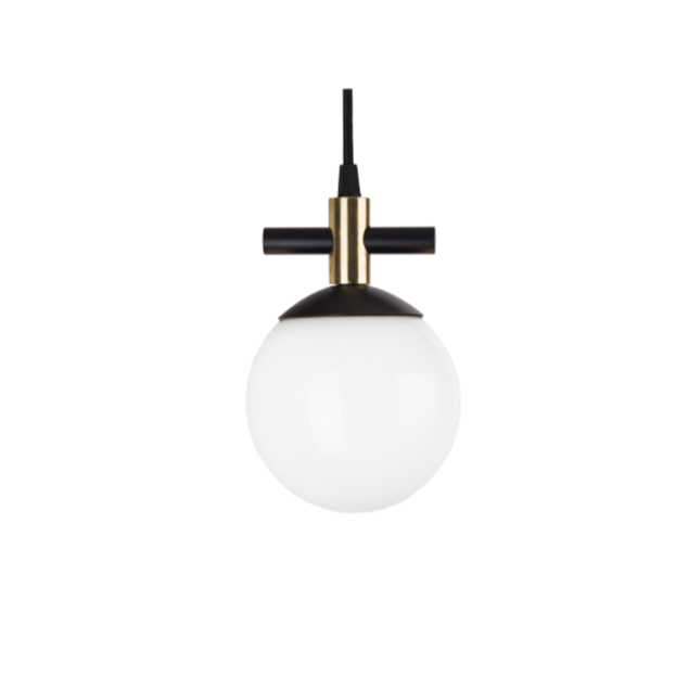 A pendant lamp with opal glass and a black and gold aluminum structure, hanging with a cord.
