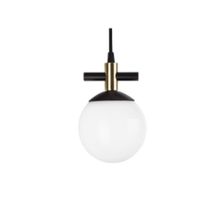 A pendant lamp with opal glass and a black and gold aluminum structure, hanging with a cord.