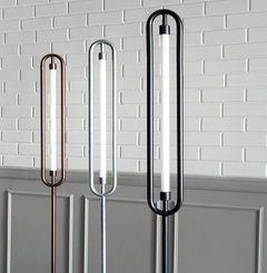 Standing floor lamps with LED strip lighting, one with a black shade and the other with a silver & copper finish and a steel powder coating.