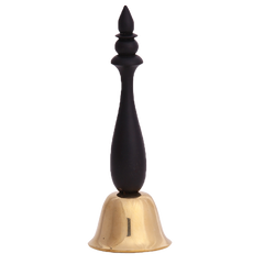 A decorative bell with a black wood stem and a gold-colored brass body.