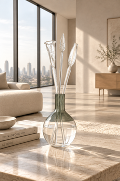 Three tall flower-shaped glass sticks, placed in a clear glass vase with a rounded base 