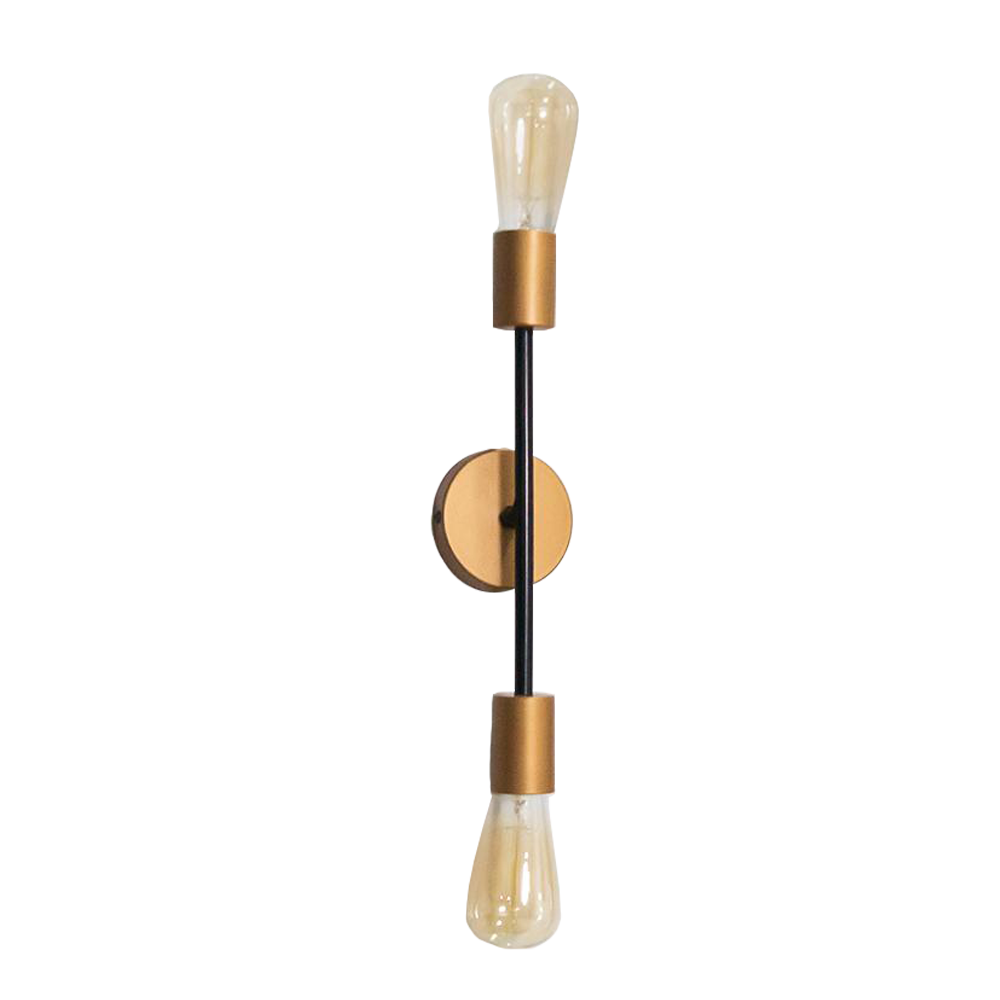 Stylish Parisienne Wall Light Lamp – vertical bar wall sconce with twin exposed bulbs, gold accents and black stem.
