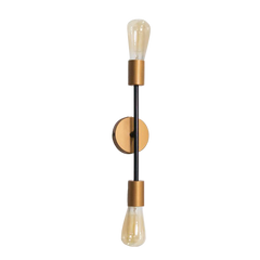 Stylish Parisienne Wall Light Lamp – vertical bar wall sconce with twin exposed bulbs, gold accents and black stem.