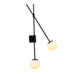 A wall-mounted light fixture with frosted glass shades and black arms, with two spherical light fixtures at the end of the arms.