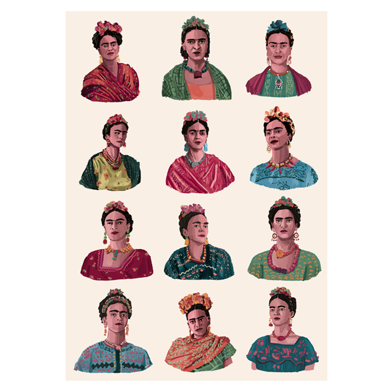 A collection of colorful illustrations of different Frida Kahlo poses, each with a distinct floral headpiece and outfit.