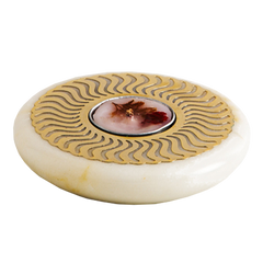 Side look of Round Celestial White Plate, made of white marble plate with a floral pattern in the center and a brass sheet on top, featuring a red flower design.