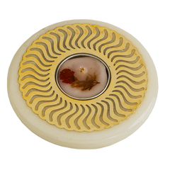 Celestial - White Plate, a round white marble plate with a floral pattern in the center and a brass sheet on top, featuring a red flower design.