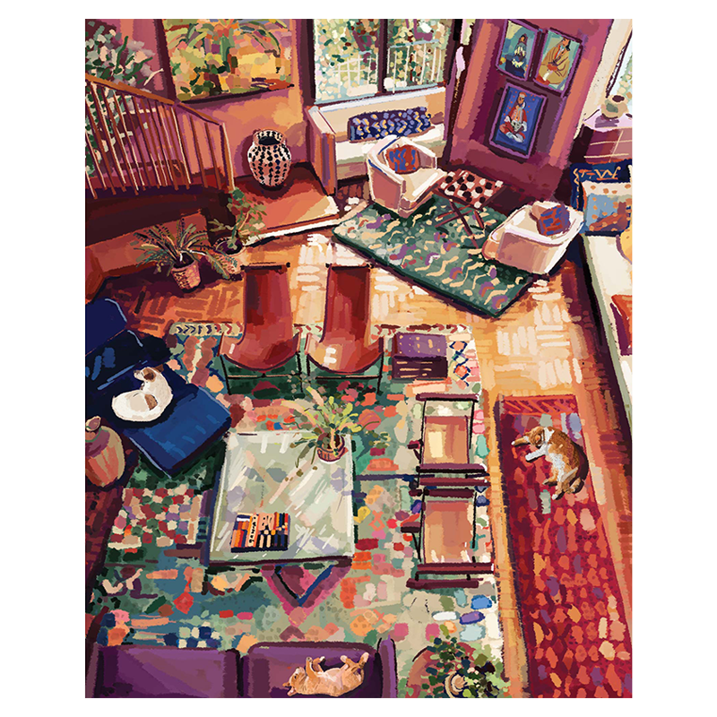 A vibrant, colorful illustration of a spacious and well-decorated living room with various pieces of furniture and decorative items.