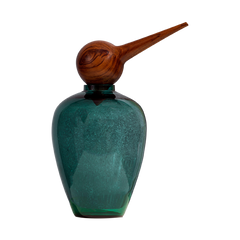 Unique Chirp Teal glass bottle with wooden nozzle on a white background
