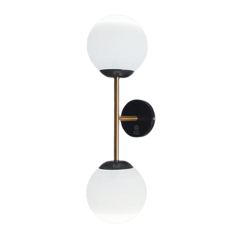 A wall-mounted brass sconce with a frosted glass shade and a black base, with two lights visible, set against a white background.