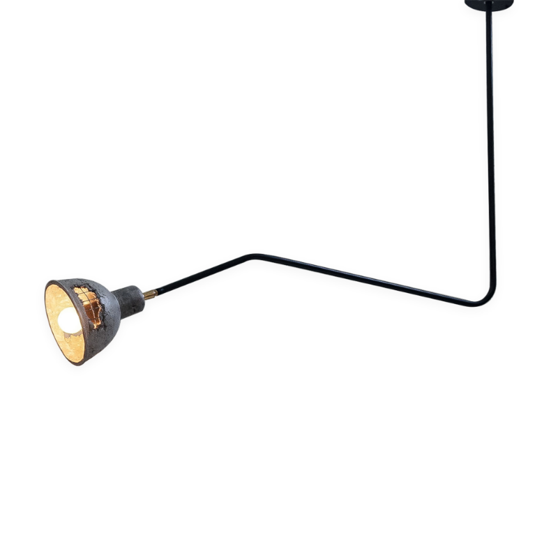 A ceiling-mounted LED light fixture with black iron arms and a grey shade.