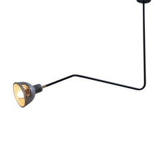 A ceiling-mounted LED light fixture with black iron arms and a grey shade.