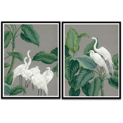 Nature inspired wall art prints of cranes surrounded by foliage.