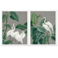 Nature wall art set of cranes surrounded by foliage.