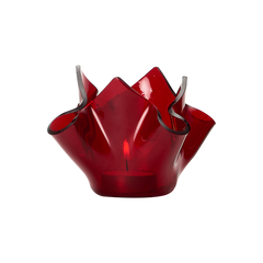 Red glass crumpled candle votive with a unique design on a white background
