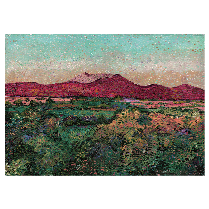 A Giclee fine art print of an original acrylic painting depicting a landscape with mountains in the background and a foreground of greenery.
