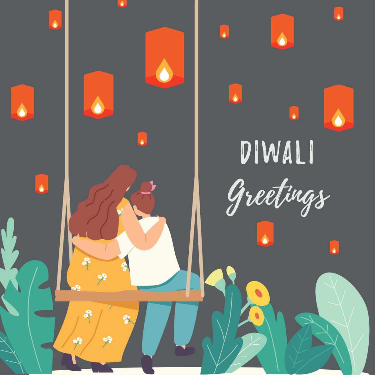 Gift card with an illustration of diwali lights and the text 'Diwali Greetings'.