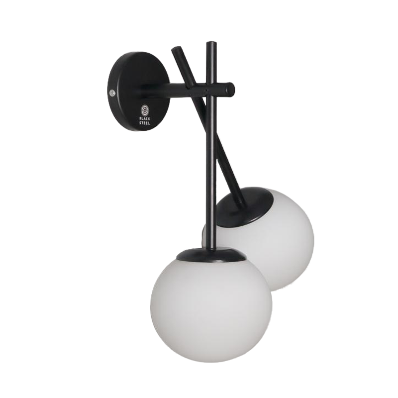 Contemporary wall sconce with two glass globes and metal base finish chrome