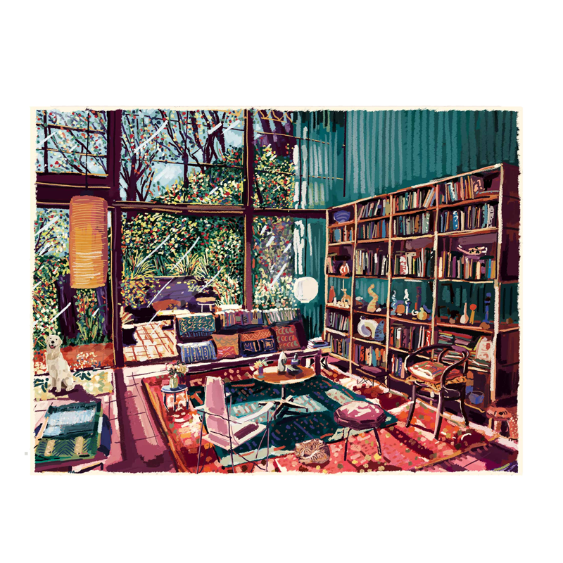 A vibrant, colorful fine art Giclee print featuring an acrylic painting of a cozy living room scene with a bookshelf, armchairs, and a cat.